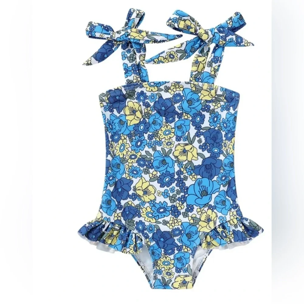 Floral Blue and Yellow Kids One-Piece Swimsuit Blue Floral Tie Strap Skirt 9-12M